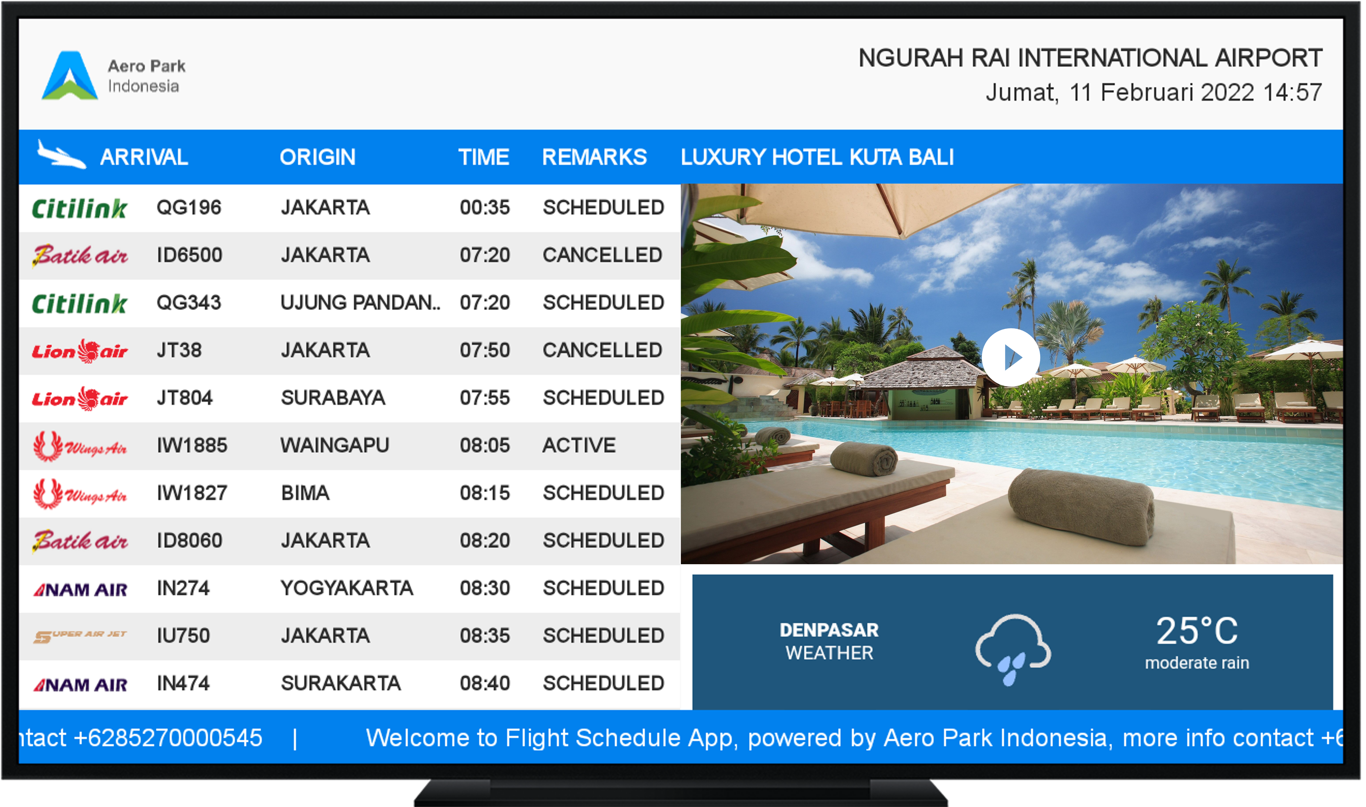 Harris Hotel Kuta Tuban Aktif Menggunakan Flight Schedule TV sejak Bulan Agustus 2022