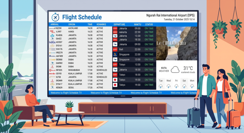 Tampilan layar Flight Schedule TV menampilkan jadwal penerbangan real time di lobby hotel