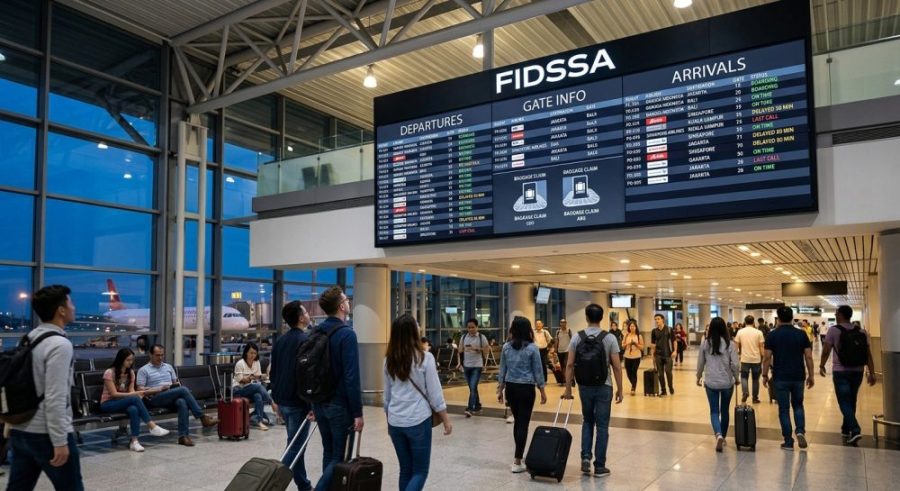 Modern airport terminal featuring FIDSSA flight information display system with real-time flight schedules.