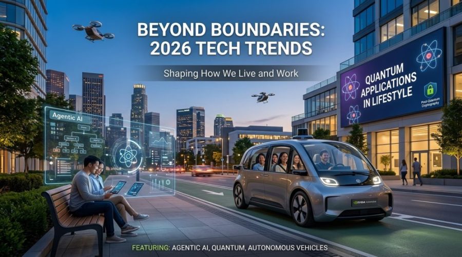 Futuristic city featuring an autonomous vehicle, hologram showing Agentic AI interface, and a digital billboard about quantum computing trends 2026.
