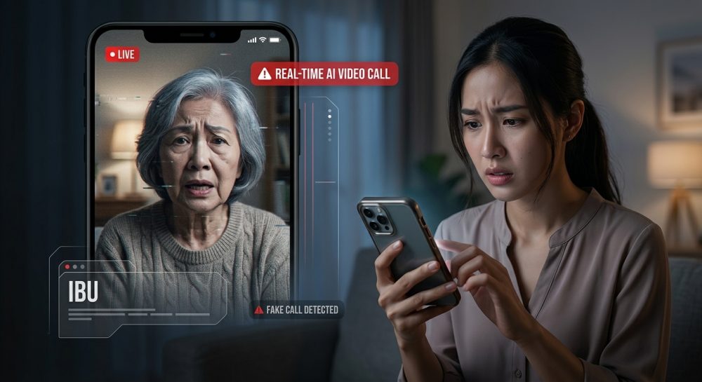 Real-time AI video call scam illustration with deepfake technology overlays