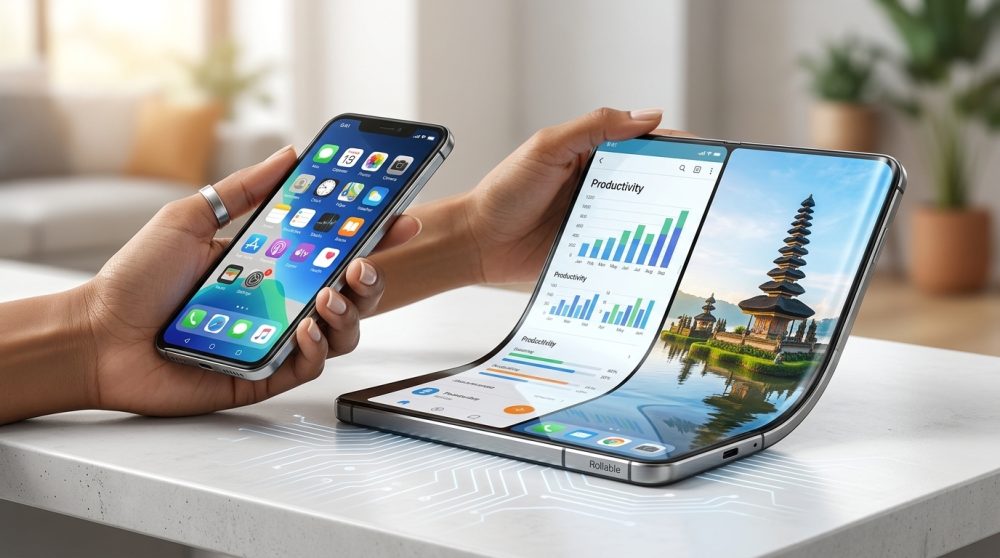 Konsep HP Layar Gulung Fleksibel Masa Depan.