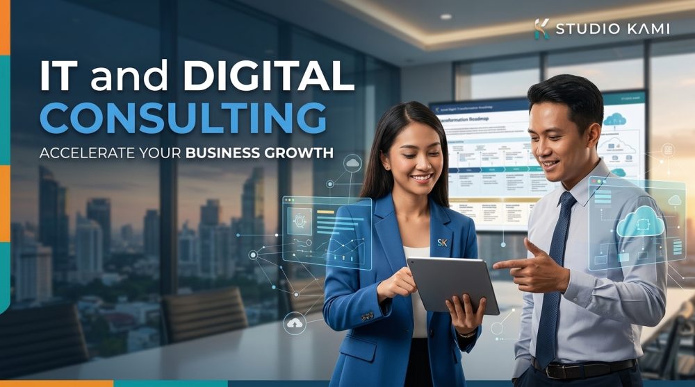 Sesi diskusi Layanan Konsultasi IT dan Digital di Studio Kami Mandiri dengan konsultan dan klien tentang peta jalan transformasi digital.