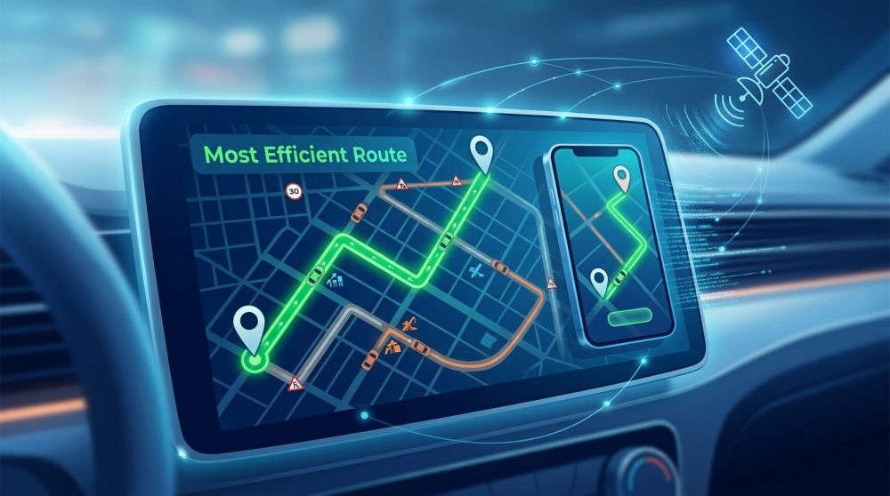 Ilustrasi penerapan teknologi GPS cara jalur efisien ditentukan secara digital