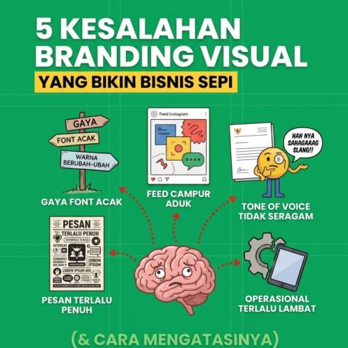 Ilustrasi infografis tentang 5 kesalahan branding visual utama yang membuat bisnis sepi, termasuk font yang acak-acakan, feed yang berantakan, dan operasional yang lambat, dengan gambar otak yang bingung di tengahnya.