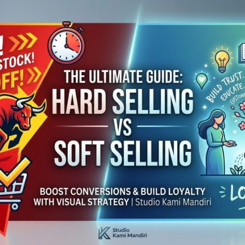 Difference between hard selling and soft selling visual marketing comparison by Studio Kami Mandiri