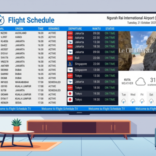 Tampilan layar Flight Schedule TV menampilkan jadwal penerbangan real time di lobby hotel