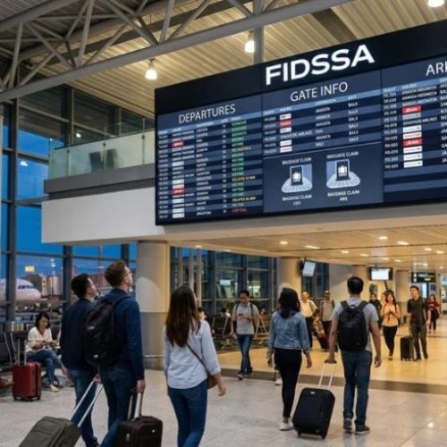 Modern airport terminal featuring FIDSSA flight information display system with real-time flight schedules.