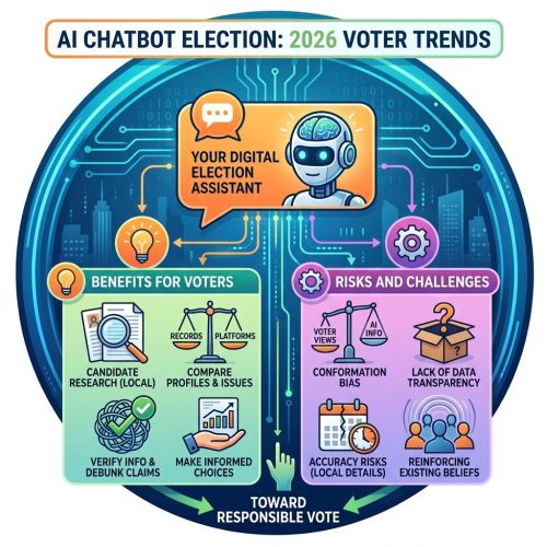 AI chatbot election concept showing 2026 voter trends, candidate research, side-by-side comparison, and bias risks