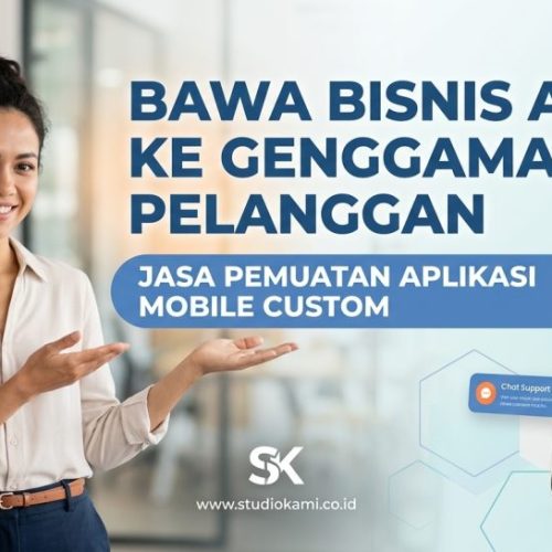 Profesional wanita menunjuk ke aplikasi smartphone dengan layar 'Dashboard', 'Jasa Pembuatan Aplikasi Mobile'
