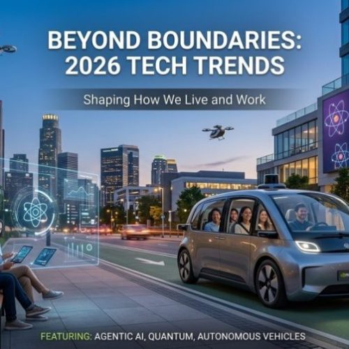 Futuristic city featuring an autonomous vehicle, hologram showing Agentic AI interface, and a digital billboard about quantum computing trends 2026.