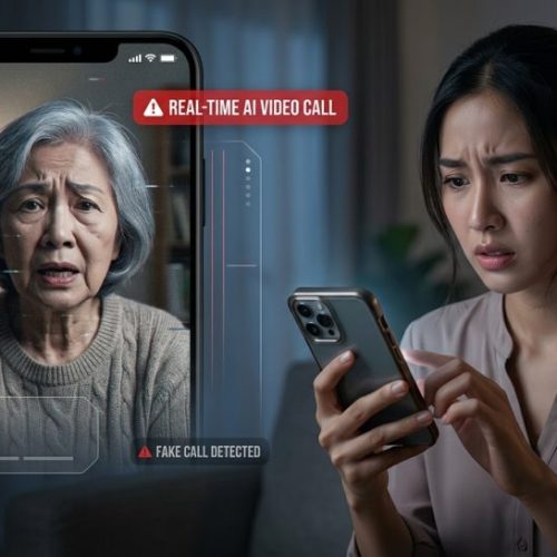 Real-time AI video call scam illustration with deepfake technology overlays