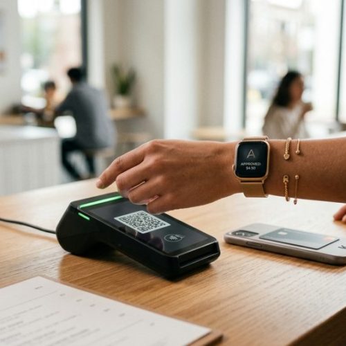 Person making a contactless payment using a smartwatch at a cafe counter