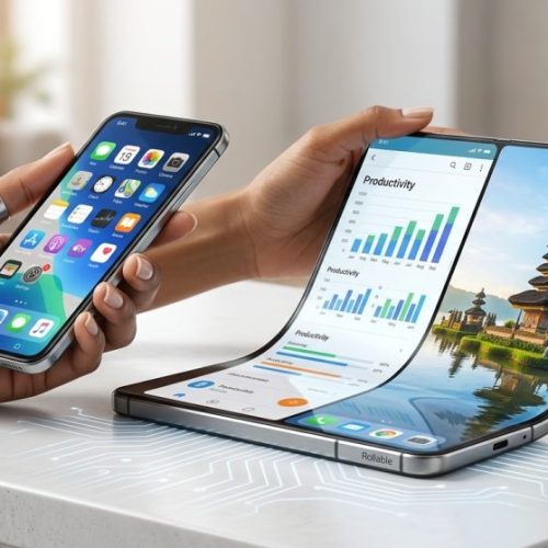 Konsep HP Layar Gulung Fleksibel Masa Depan.