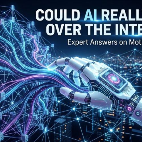 A robotic hand touching a digital network representing the query: Could AI really take over the internet?