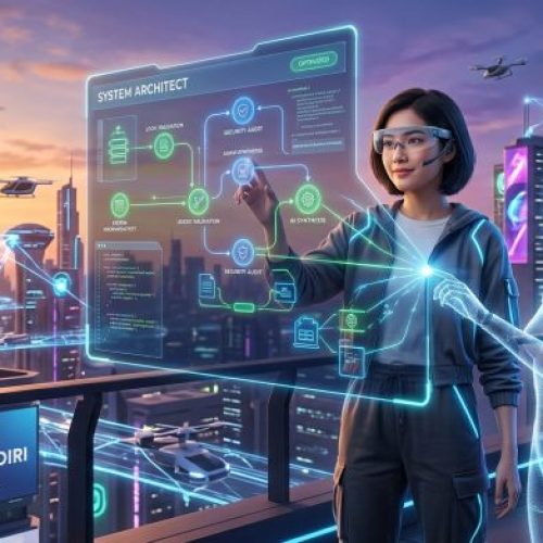Software engineer wanita bekerja dengan asisten AI visual merancang arsitektur sistem