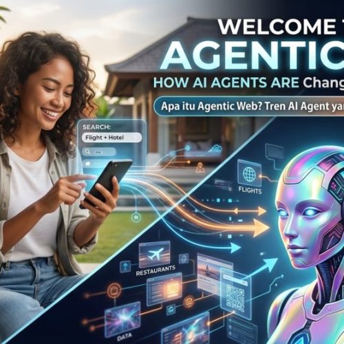 A dynamic featured image illustrating the Agentic Web concept: an Indonesian woman using a phone contrasted with a glowing AI Agent processing network data and flight bookings.
