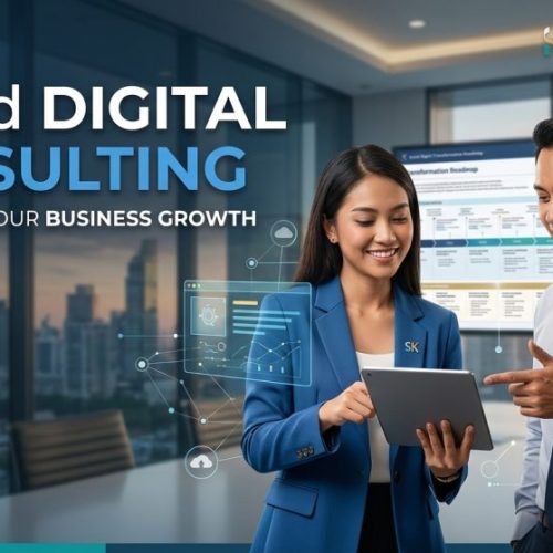 Sesi diskusi Layanan Konsultasi IT dan Digital di Studio Kami Mandiri dengan konsultan dan klien tentang peta jalan transformasi digital.