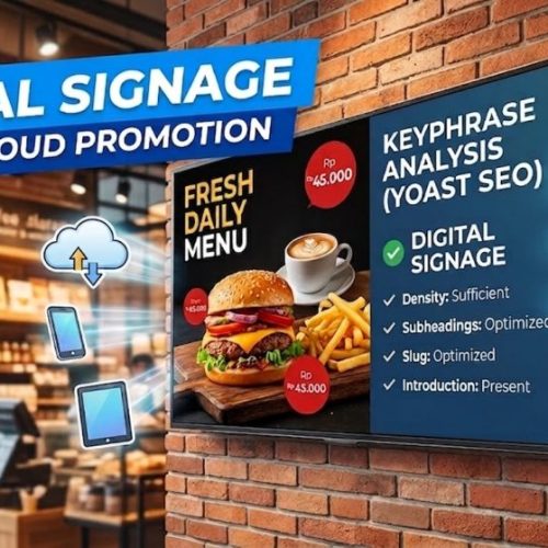 Digital Signage di Kafe Menampilkan Menu Makanan dan Informasi SEO.